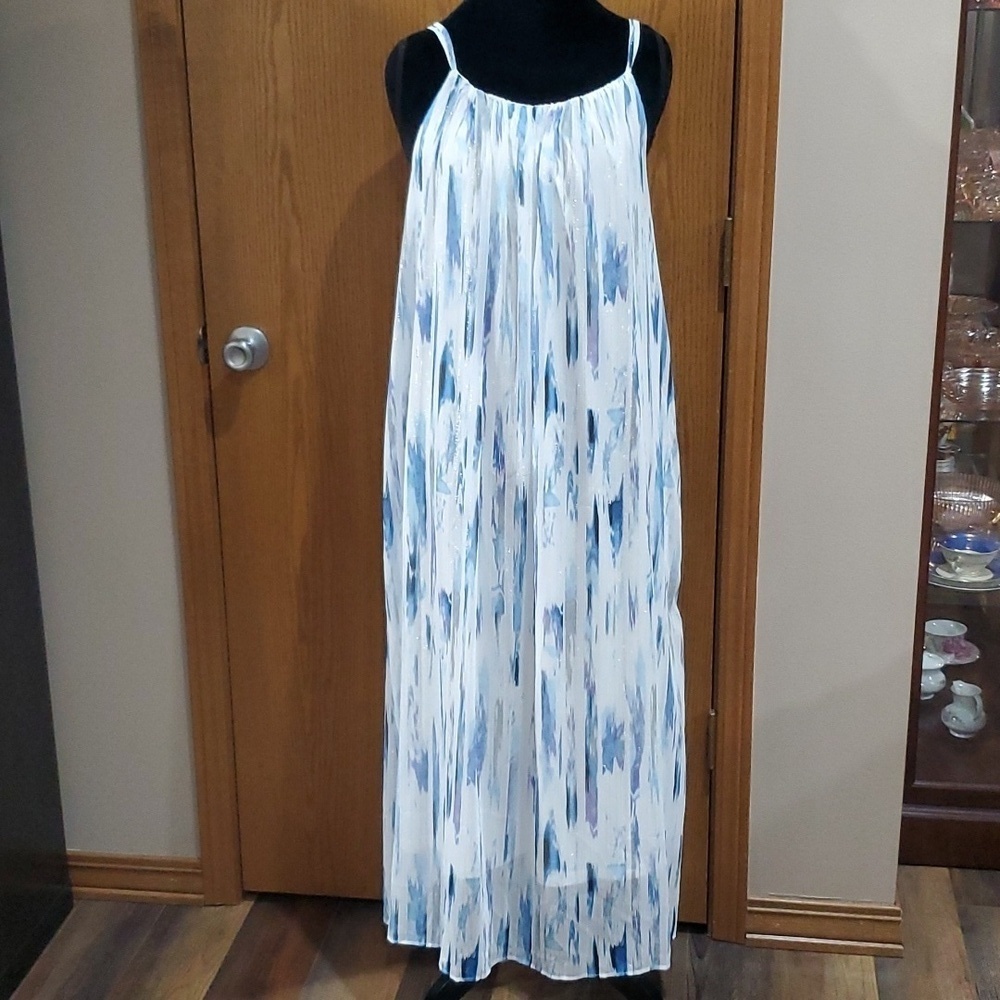 Dkny blue silver on white flowy maxi crepe lined
